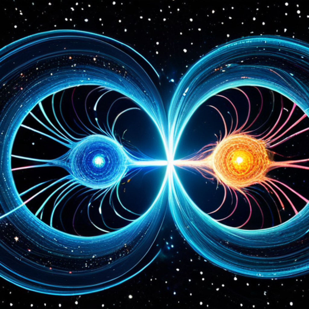 Quantum Entanglement Visualization**
"Abstract digital art depicting two glowing particles connected by a swirling, ethereal line, representing quantum entanglement. The particles are set against a deep space background filled with nebulae and stars. Modern, futuristic, vibrant colors, high detail, safe for work, appropriate content, fully clothed, professional, perfect anatomy, correct proportions, natural pose."
**