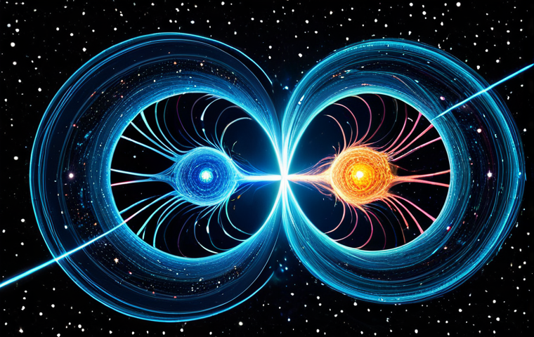 Quantum Entanglement Visualization**
"Abstract digital art depicting two glowing particles connected by a swirling, ethereal line, representing quantum entanglement. The particles are set against a deep space background filled with nebulae and stars. Modern, futuristic, vibrant colors, high detail, safe for work, appropriate content, fully clothed, professional, perfect anatomy, correct proportions, natural pose."
**