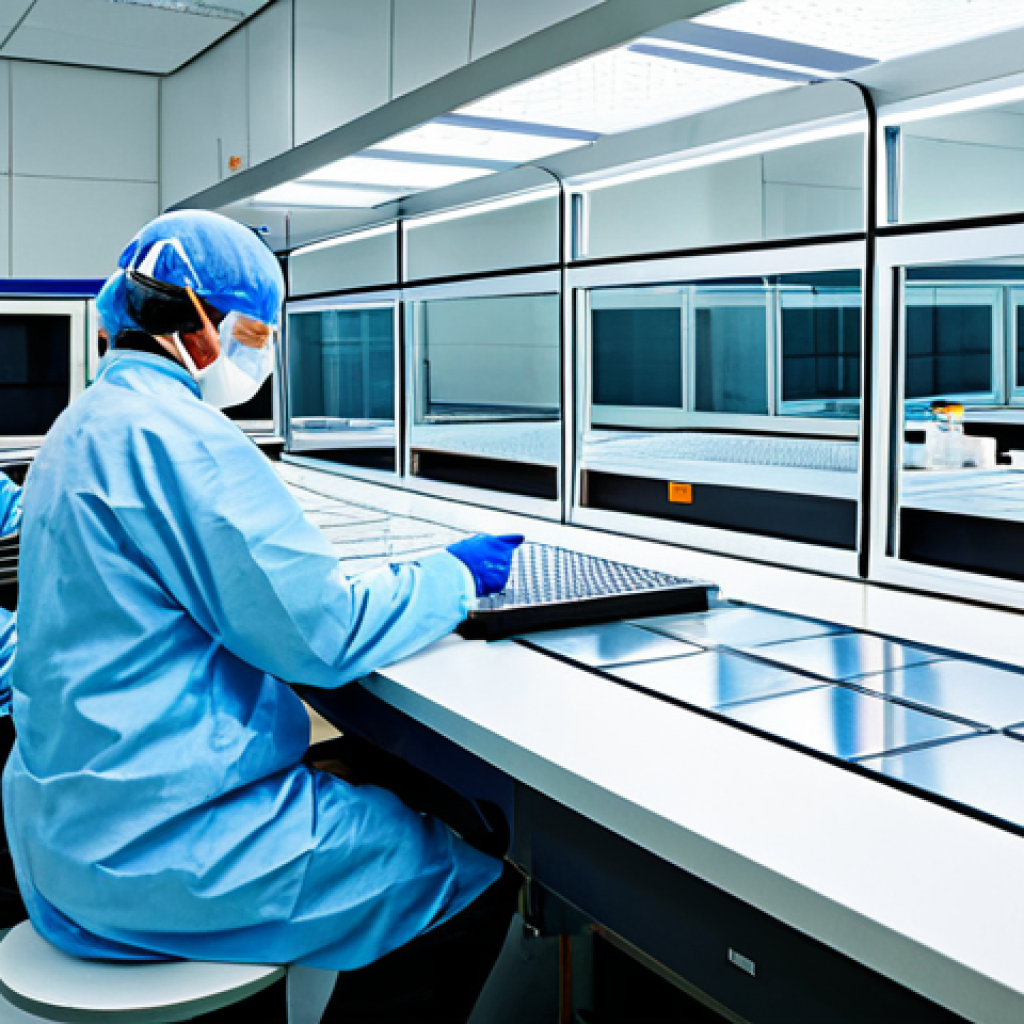 Semiconductor Wafer Fabrication**
"A cleanroom environment, showing technicians in full protective gear carefully examining a silicon wafer with intricate microchip patterns. The scene emphasizes the precision and technology involved in semiconductor manufacturing. Fully clothed, appropriate content, safe for work, perfect anatomy, natural proportions, professional environment, high quality."
**
