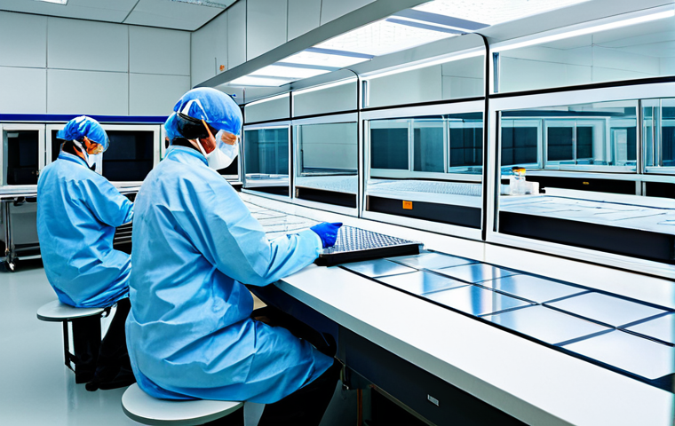 Semiconductor Wafer Fabrication**
"A cleanroom environment, showing technicians in full protective gear carefully examining a silicon wafer with intricate microchip patterns. The scene emphasizes the precision and technology involved in semiconductor manufacturing. Fully clothed, appropriate content, safe for work, perfect anatomy, natural proportions, professional environment, high quality."
**