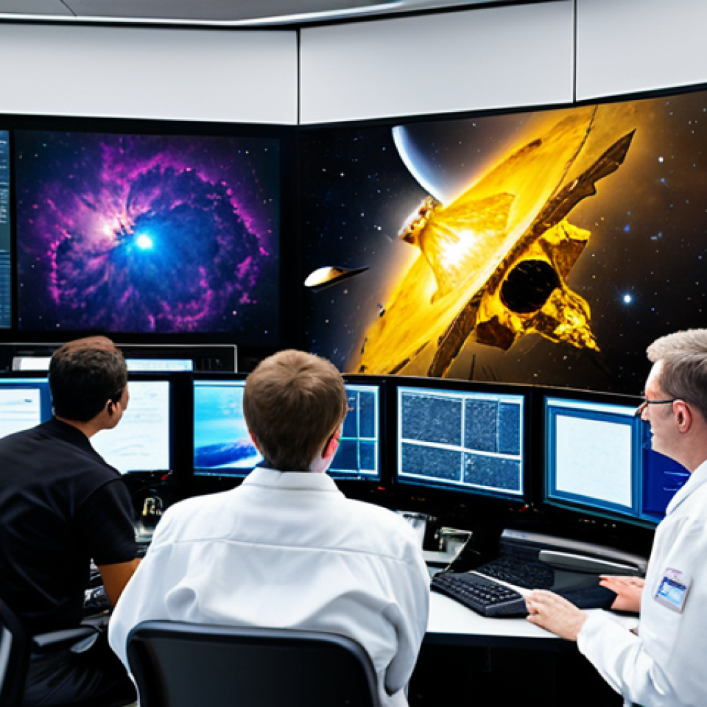 천체물리학과 우주 망원경 - **Image:** A group of diverse scientists, fully clothed in professional lab attire, analyzing data f...