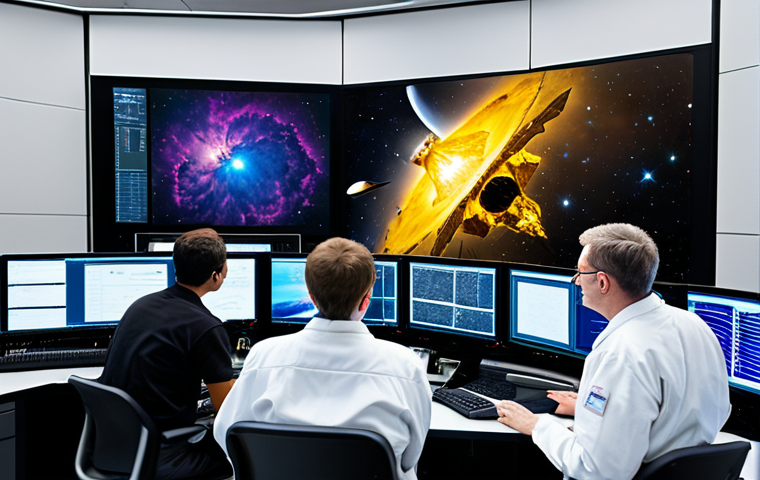 천체물리학과 우주 망원경 - **Image:** A group of diverse scientists, fully clothed in professional lab attire, analyzing data f...