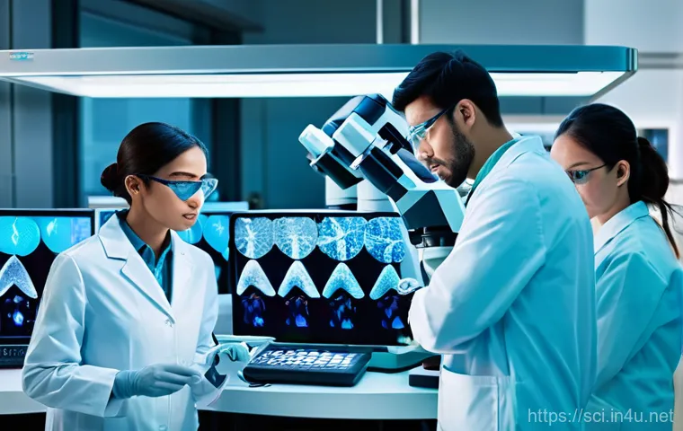 진화 생물학과 유전자 분석 - A brightly lit, sterile molecular biology laboratory buzzing with activity. A diverse team of scient...