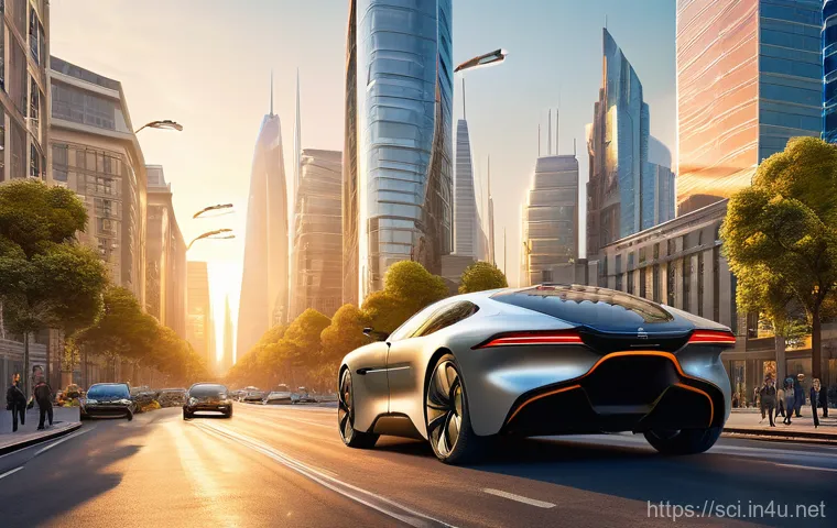 자율 비행 자동차와 미래 교통 혁신 - A vibrant, futuristic metropolis at dawn, with sleek, silent Urban Air Mobility (UAM) vehicles grace...