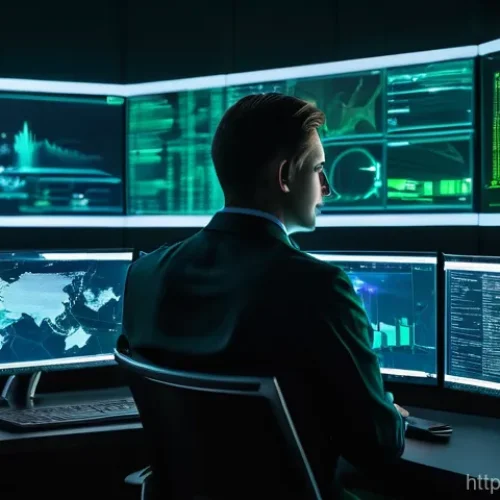 Home 29 사이버 보안과 AI 기반 방어 시스템 - A sophisticated cybersecurity operations center at night, with multiple holographic screens displayi...