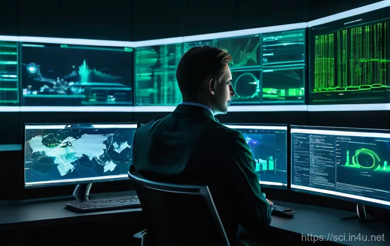사이버 보안과 AI 기반 방어 시스템 - A sophisticated cybersecurity operations center at night, with multiple holographic screens displayi...
