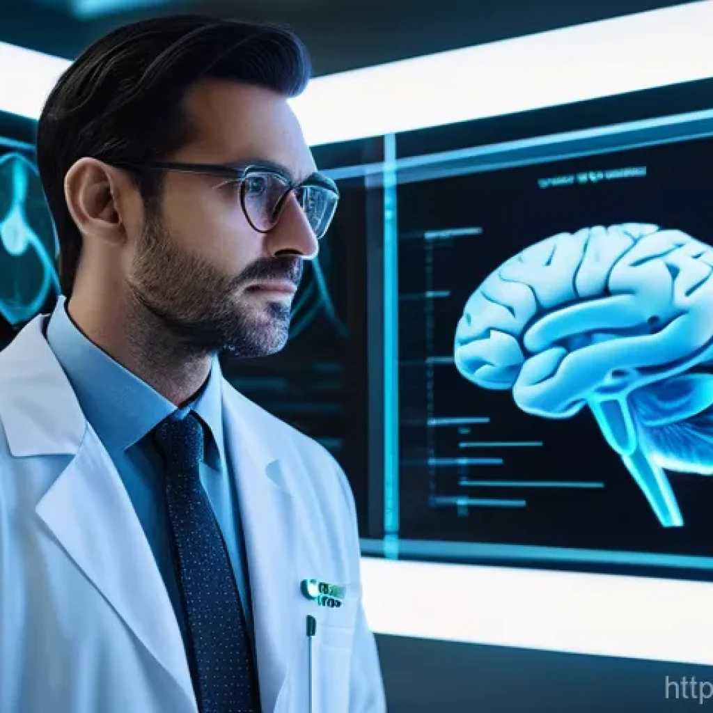 인공지능 진단과 의료 영상 분석 - **Prompt:** A highly detailed and futuristic hospital environment. A male doctor, in a pristine whit...