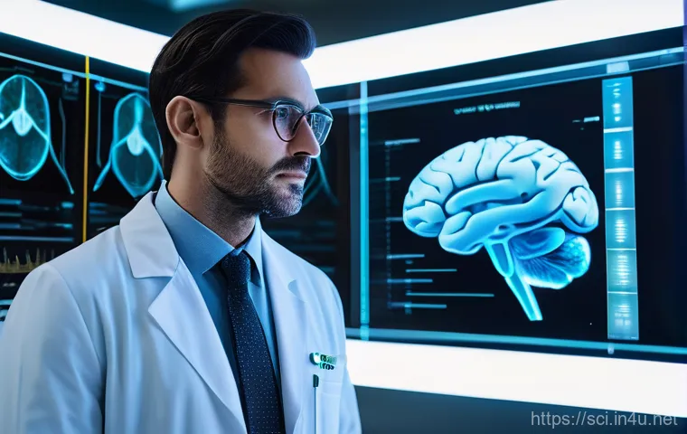 인공지능 진단과 의료 영상 분석 - **Prompt:** A highly detailed and futuristic hospital environment. A male doctor, in a pristine whit...